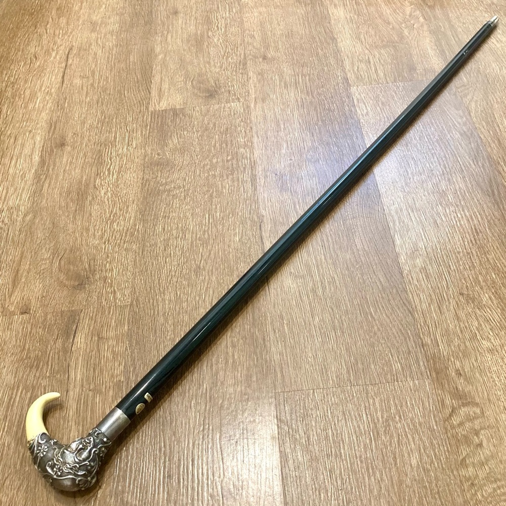 Art Nouveau Style Black Walking Cane With Sterling Silver Covered Handle Italy